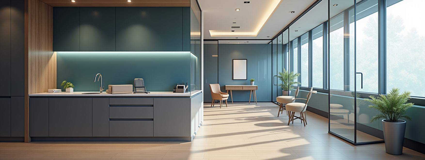 Contemporary interior with wood accents, glass partitions, and natural light